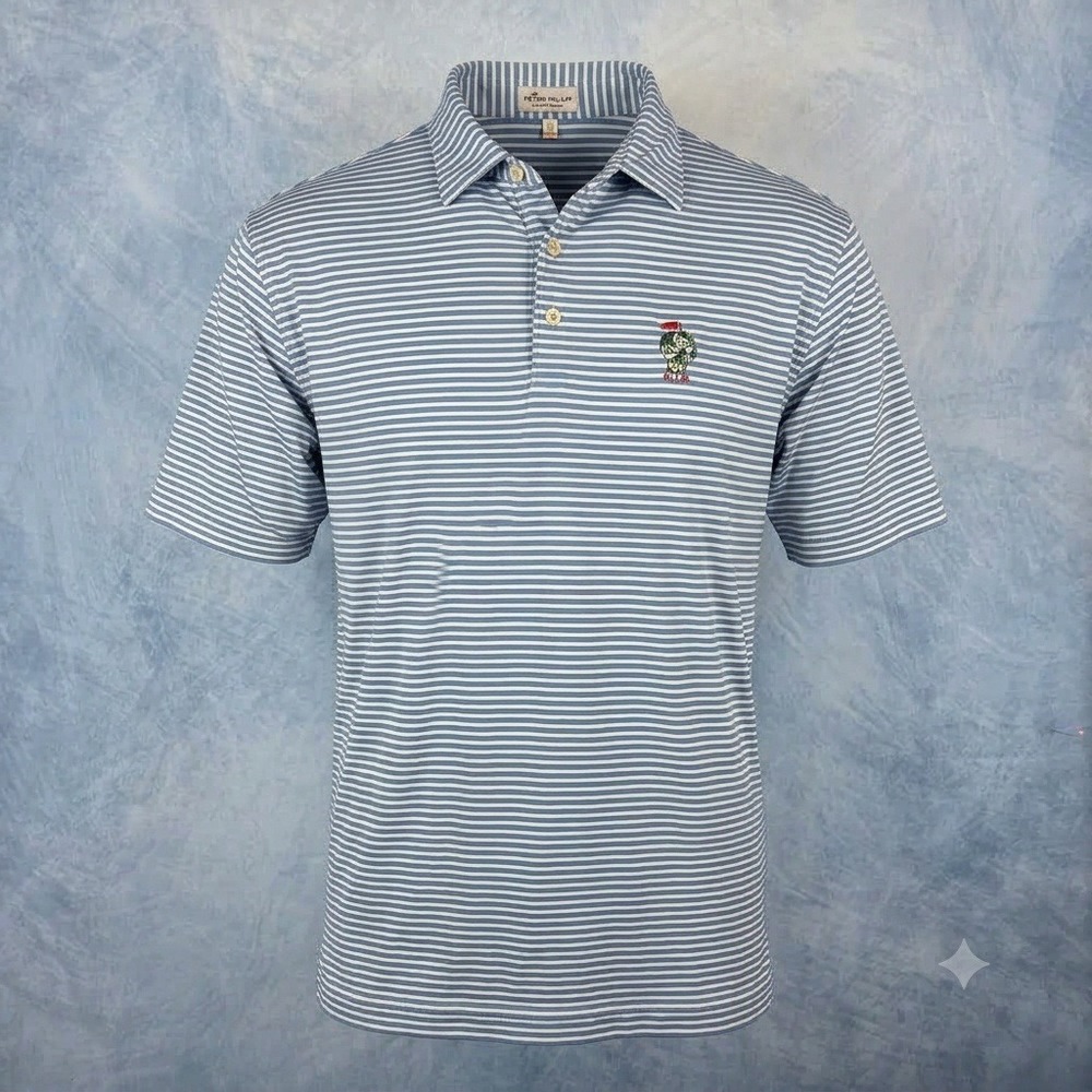 Peter Millar Summer Comfort Mens Large Blue White Striped Dragon Golf Polo Shirt